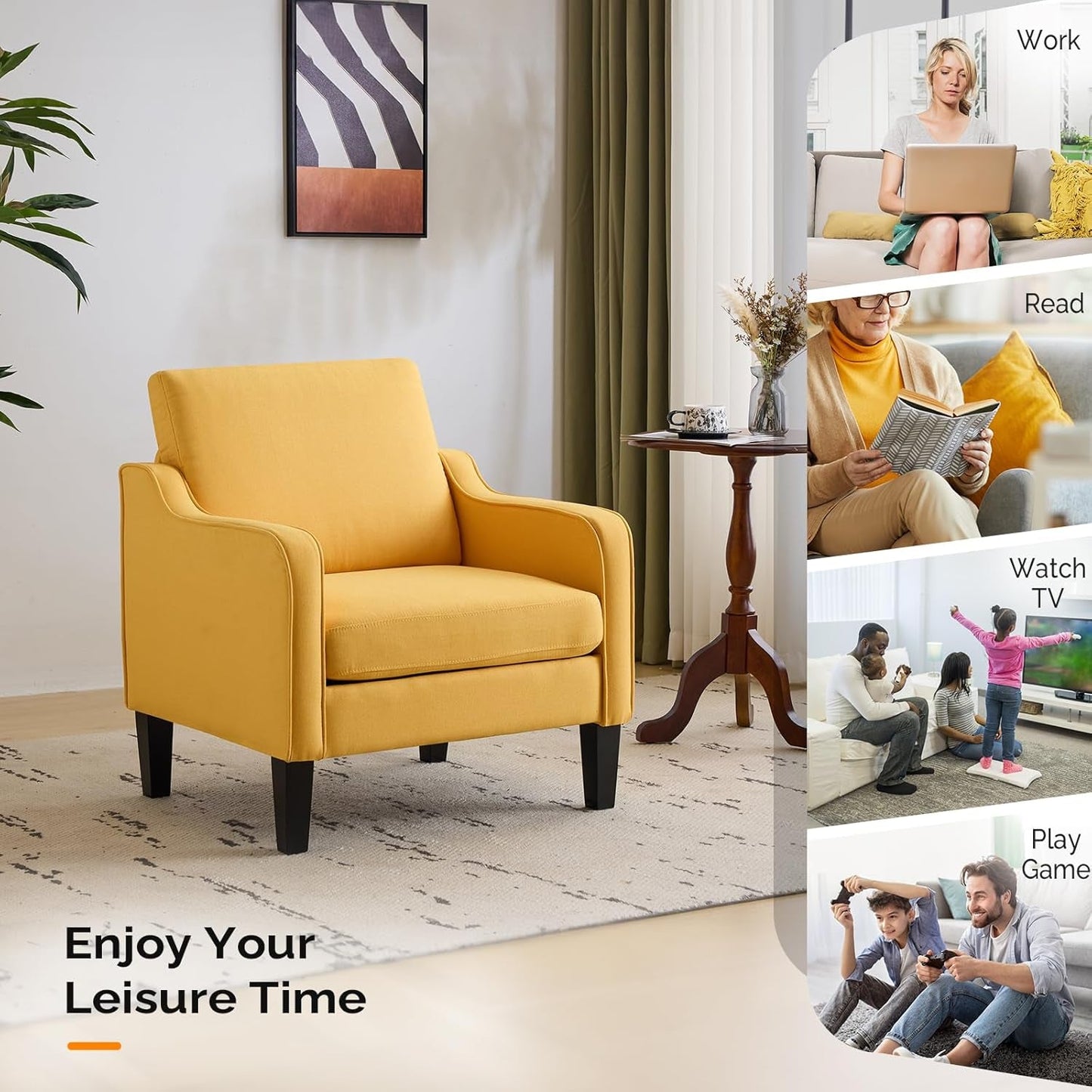 Accent Chairs Set of 2 Yellow Upholstered Linen Accent Chair for Living Room, Bedroom, Mid-Century Modern Arm Chair Comfy Reading Chair with Scooped Arms