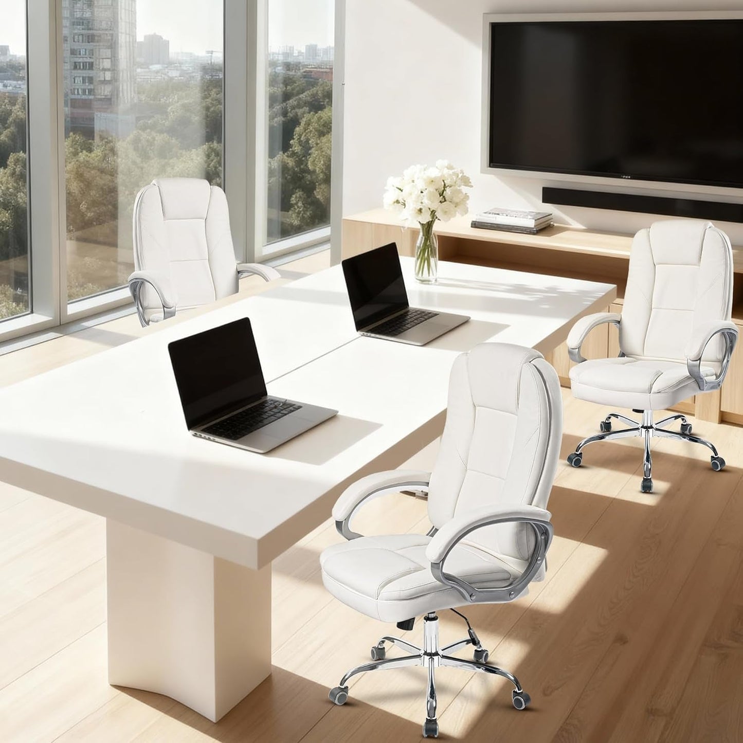 Office Desk Ergonomic Gaming Chair High Back Adjustable Computer Chair with Wheels and Lumbar Support Comfy Leather Executive Swivel (White)