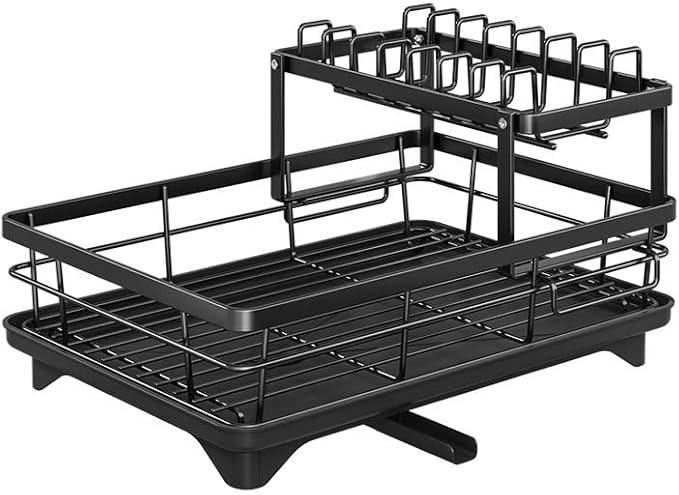 Large Dish Drying Rack for Kitchen Counter, 2-Tier Expandable Dish Drainer with Drainboard, Anti-Rust Steel Drying Rack with Cutlery Holder, Cup Holder and Storage Areas for Plates Bowls Pots