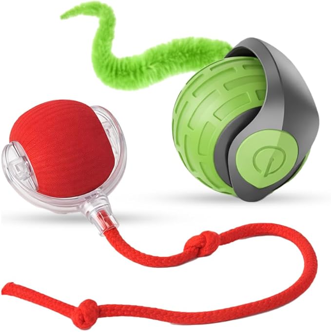 Interactive Cat Ball Toy – Smart Rolling Pet Ball with Obstacle Avoidance, USB Rechargeable, Cord Tail Design – Fun Enrichment Toy for Indoor Cats & Small Dogs (Green + Red)