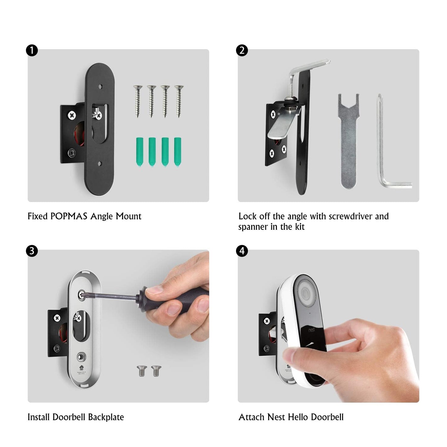 Popmas Horizontal Adjustable Mount For Google Nest Doorbell (Wired) Left 60 To Right 60 Degree Angle Adapter Bracket