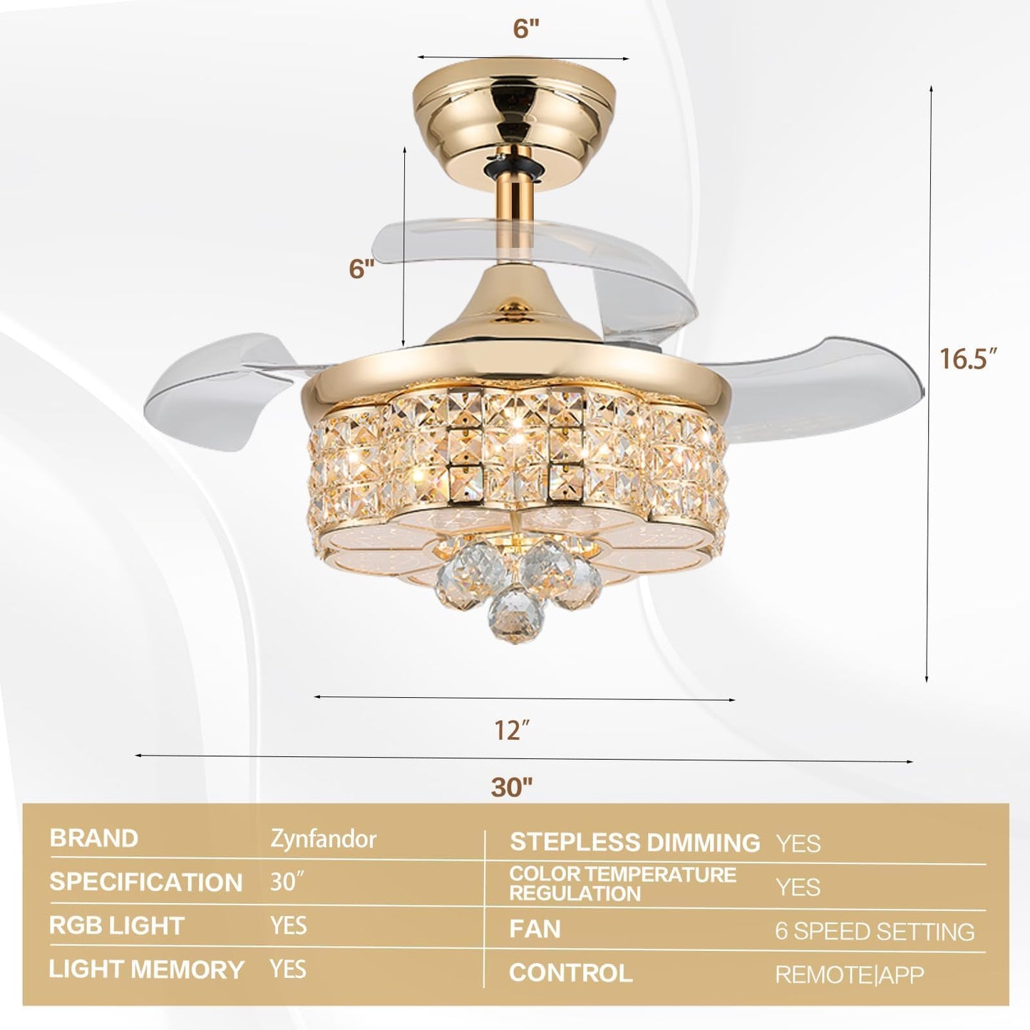 Zynfandor 30 Rgb Retractable Crystal Ceiling Fan With Light Dimmable Bluetooth Chandelier Fan, 6-Speed Timer, App Remote Control