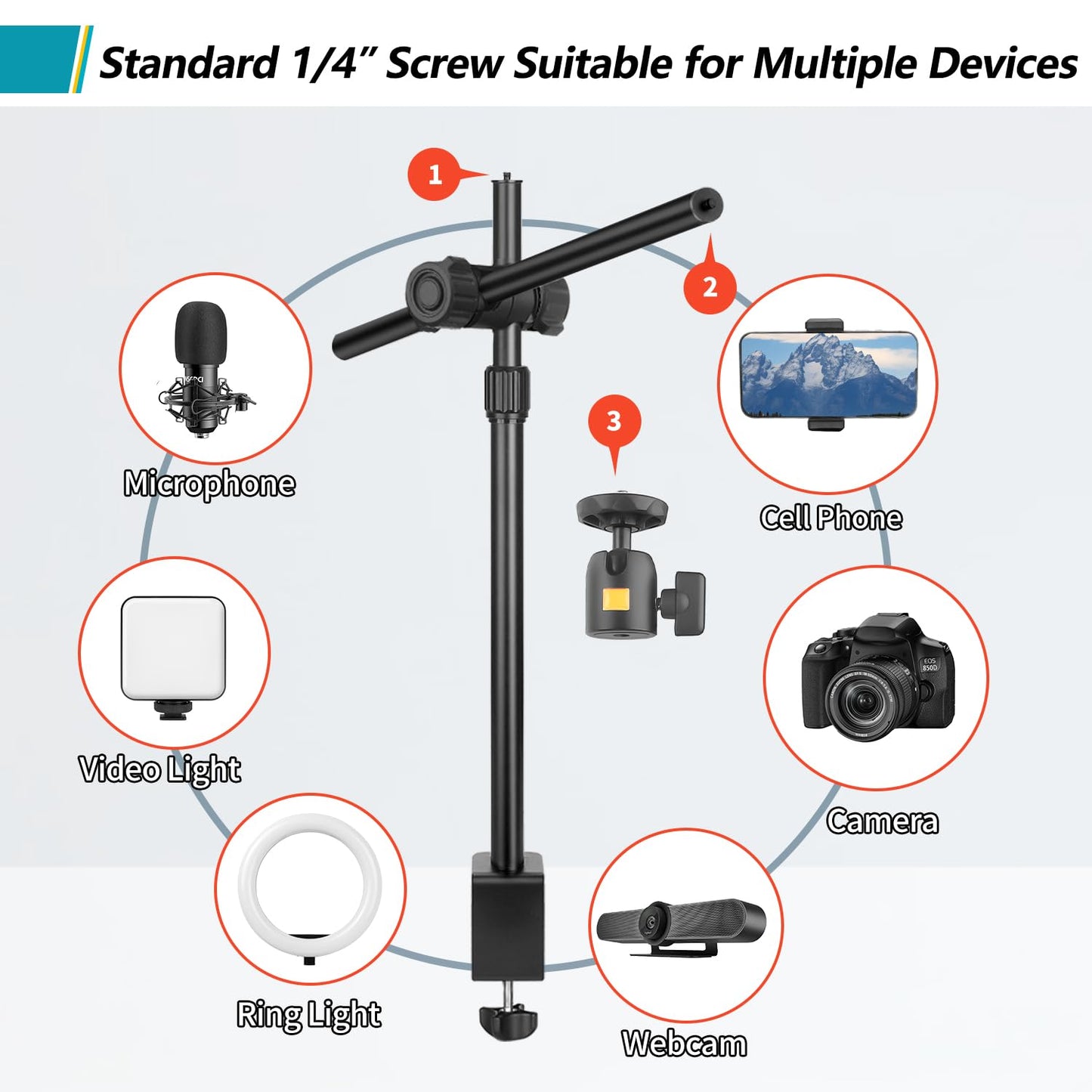 Camera Desk Mount Webcam Stand With Overhead Articulating Magic Boom Arm 1/4 Ball Head For Dslr Tripod, Adjustable Light Stand,