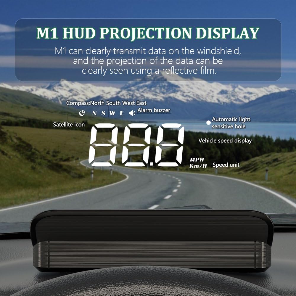 Liiiyuan M1 White Windshield Projection Heads Up Display, Digital GPS Speedometer with Speed, Travel Direction Function, and Overspeed Alarm, Fatigue Driving Alarm, Suitable for All Vehicles