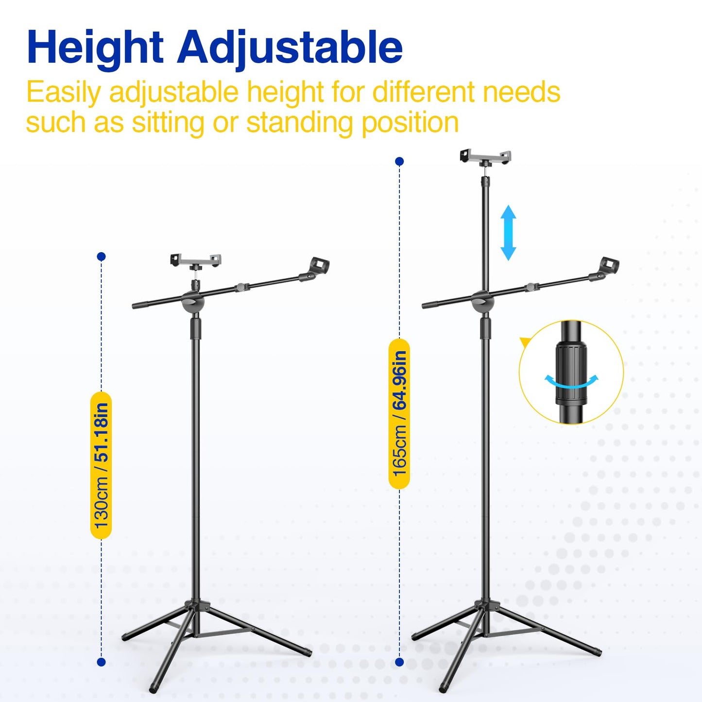 Oukmic Boom Mic Stand, Microphone Holder Floor With Tablet Phone Support, Heavy Duty Tripod Adjustable Height And Angle 35-65 In