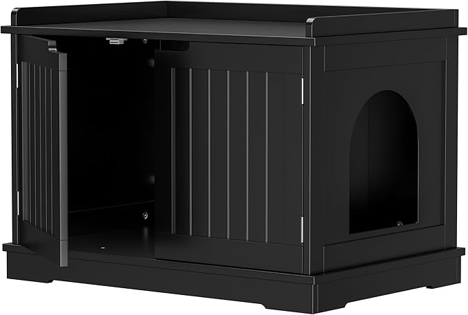 Zeny Cat Litter Box Enclosure, Wooden Cabinet with Divider, Modern Storage Bench, Fit Most Litter Box (Black)