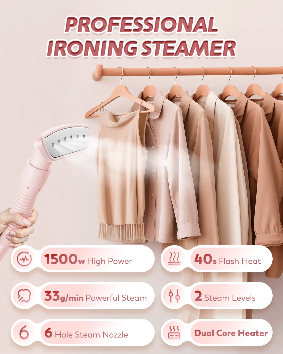 Hapyvergo Standing Garment Steamer with Ironing Pad, 2200W Steamer for Clothes, 3L Tank, 70-Min Continuous Steam, 40s Fast Heating, Adjustable Height, Drain Port Design, Universal Wheels, Pink