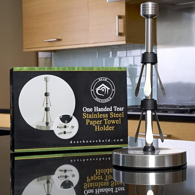Dear Household Stainless Steel Paper Towel Holder Easy One-Handed Operation - This Sturdy Weighted Paper Towel Dispenser Countertop Model Has Suction Cups and Holds All Paper Towel Rolls - Silver