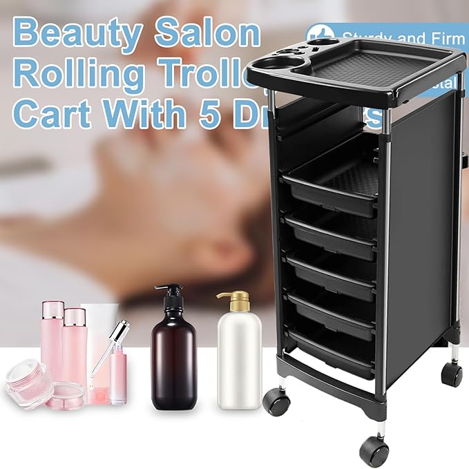 Salon Trolley Cart with Wheels & 5 Drawers, Salon Rolling Stations for Hair Stylist,Hairstylist for Beauty Tattoo Hairdressing Beauty Equipment, Black (T28-5DRAWER)