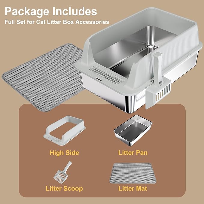 TENTIZON Large Stainless Steel Cat Litter Box, Open Top Metal Kitty Litter Tray with High Sides, Litter Mat, Scoop for Indoor Cats, Kitten,Big Cats, No Odor, No Mess, Leak Proof, Easy Clean