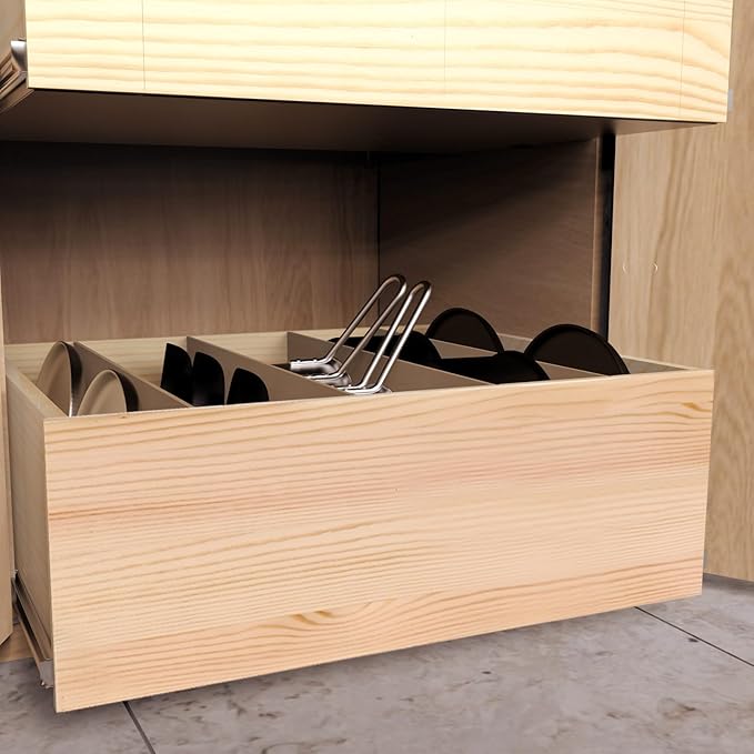 Pull Out Cabinet Organizer with Divider, 19''W×21''D×7''H Soft Close Wood Drawer for Kitchen Pantry, Finished, Heavy-Duty, Bottom Assembly (Wood Drawer Part Width is 18'')