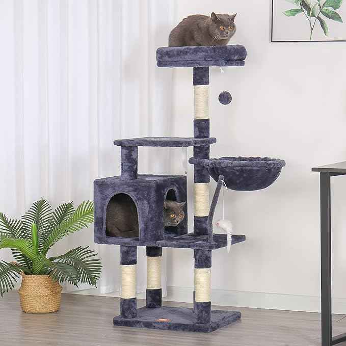 Heybly Cat Tree with Toy, Cat Tower Condo for Indoor Cats, Cat House with Padded Plush Perch, Cozy Hammock and Sisal Scratching Posts, Smoky Gray HCT004G
