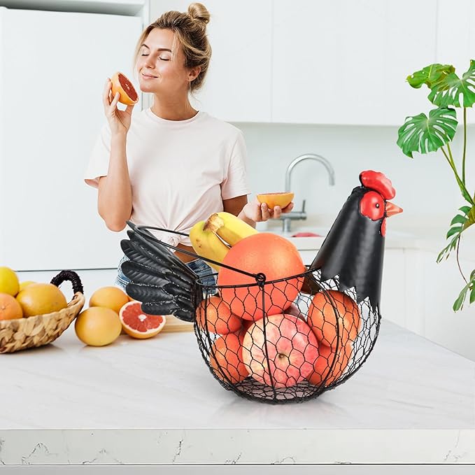 Chicken Egg Basket, Egg Collecting Baskets,Metal Wire Egg Basket with Handle, Farmhouse Chicken Decor, Rustic Black Rooster Chicken Shaped Fruit Bowl Countertop Holder for Home Kitchen Decoration