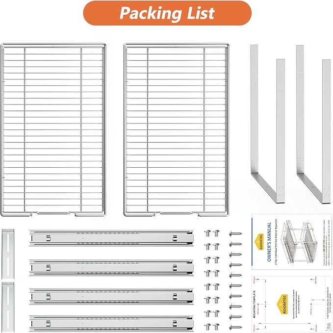 ROOMTEC Individual Pull Out Cabinet Organizer (14" W x 18" D), 2 Tier Spice Rack Organizer for Cabinet, Slide Out Drawer Pantry Shelf Organization and Storage for Kitchen Bathroom