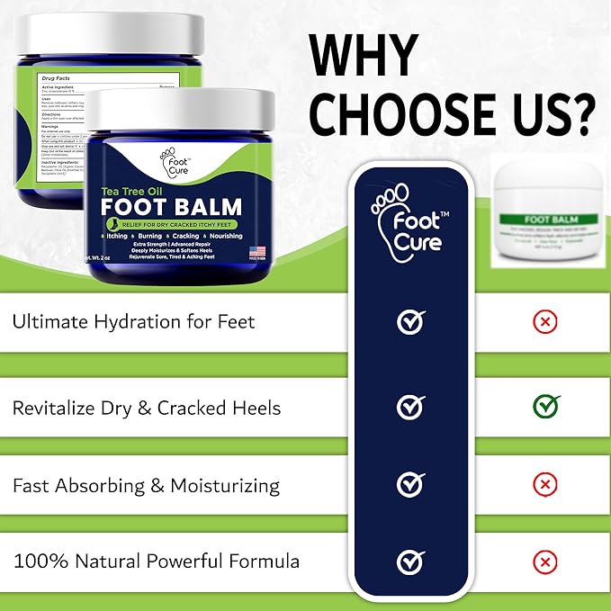 FOOT CURE Tea Tree Oil Balm – Moisturizer for Dry Cracked Feet – Instantly Hydrates & Soothes Irritated Skin & Athlete's Foot – Best Foot Care for Women and Men (Pack of 2)
