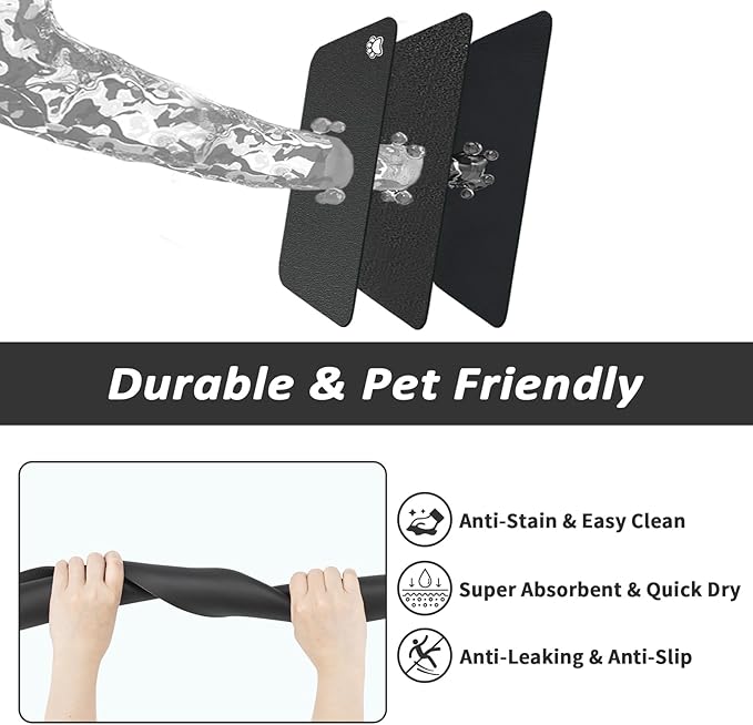 Dog Food Mat - Absorbent Cat Mat for Food and Water, No Stains Pet Feeding Bowl Mat, Easy to Clean Pet Placemats, Quick Dry Dog Water Dispenser Mat for Messy Drinkers | Paw Black 24"x 36"