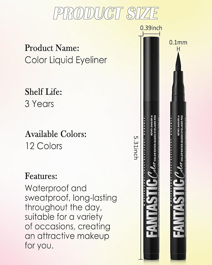 Black Matte Liquid Eyeliner Pencil, Colorful High Pigmented Waterline Eye liner Waterproof Pen, Bright Colored Smudgeproof Long Lasting Eyeliner Pen Christmas Party Festival Makeup Gift for Women-12