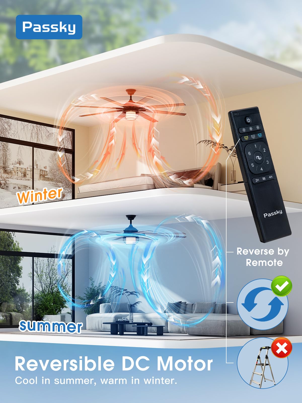 Passky Ceiling Fans With Lights, 72 Inch Black Ceiling Fan With Light And Remote Control, Reversible, Dimmable, 3Cct, Quiet, Cag