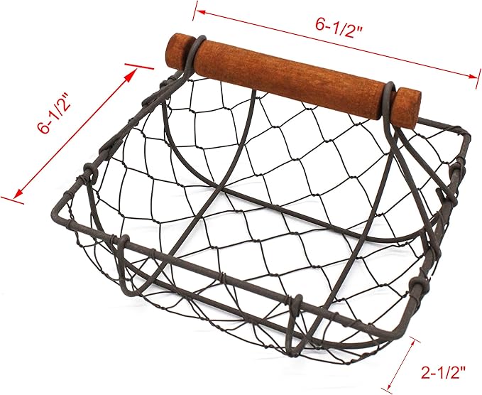 CVHOMEDECO. Chicken Wire Egg Baskets Rust Gathering Baskets with Wooden Handle Country Vintage Style Storage Baskets. Set of 2 (Square)