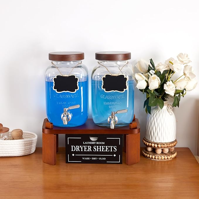 2PCS Large Drink Dispensers for Parties,Glass Beverage Dispenser with Wood Stand,Lemonade Drink Dispenser with Stainless Steel Spigot for Fridge,Water, Juice,Punch,Cocktails,Ice Tea & Sun Tea