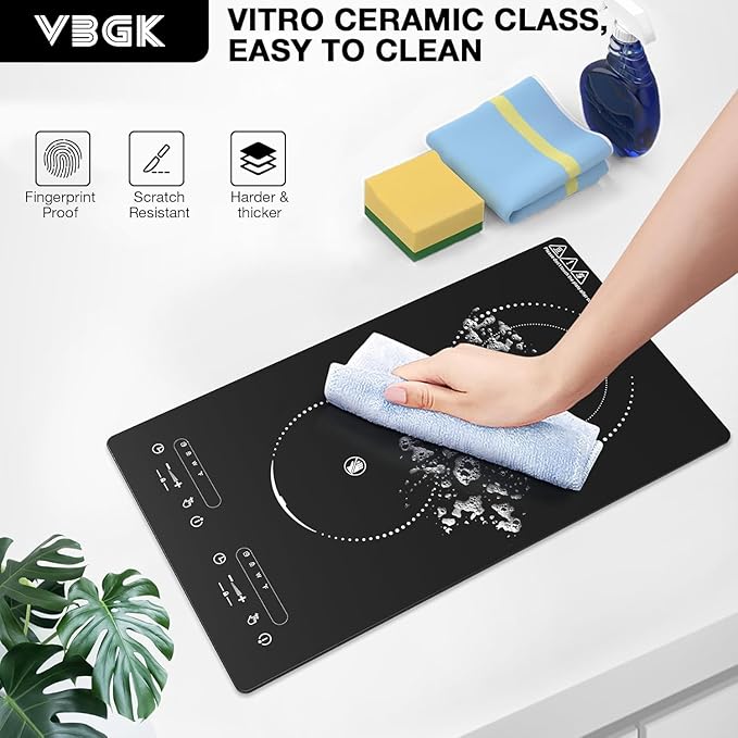 VBGK Electric Cooktop,110V 2100W 2 Burner Electric Cooktop,Countertop and Built-in Stove top with 9 Power Levels,Child Safety Lock, Timer, LED touch control,Overheat Protection