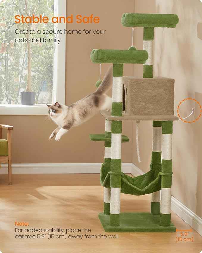 Feandrea Cat Tree, 56.3-Inch Cat Tower, Multi-Level Plush Condo with 11 Scratching Posts, 2 Perches, Hammock, Cave, Grass Green and Camel Brown UPCT015CB02