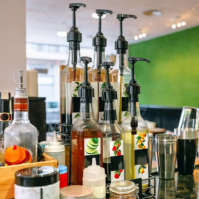 Maxdot 6 Pcs 25 oz Syrup Bottles with Pump Long Neck Bottles Plastic Syrup Pump Dispenser for Coffee Bar Accessories Home Party