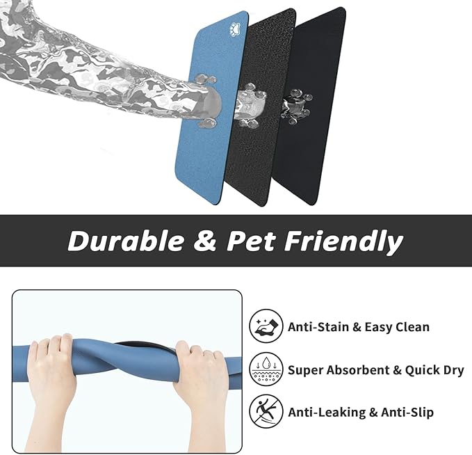 Dog Food Mat - Absorbent Cat Mat for Food and Water, No Stains Pet Feeding Bowl Mat, Easy to Clean Pet Placemats, Quick Dry Dog Water Dispenser Mat for Messy Drinkers | Paw Blue 18"x28"
