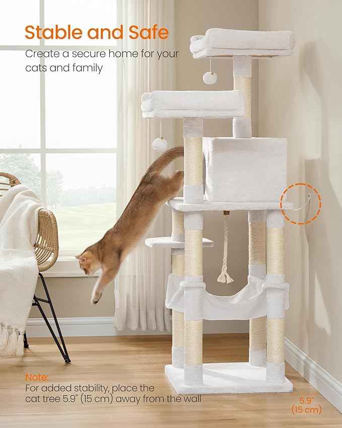 Feandrea Cat Tree, 56.3-Inch Cat Tower, Multi-Level Plush Condo with 11 Scratching Posts, 2 Perches, Hammock, Cave, Cream White UPCT015W02