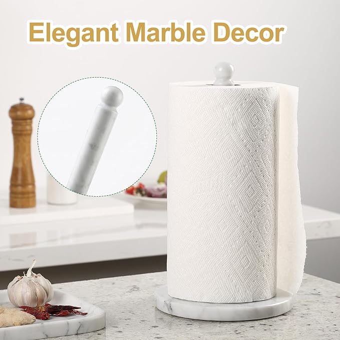 Koville Italian Marble Paper Towel Holder Countertop, Stone Rod Paper Towel Holder Stand for Kitchen Storage, for Standard or Jumbo-Sized Rolls(Bianco Carrara)