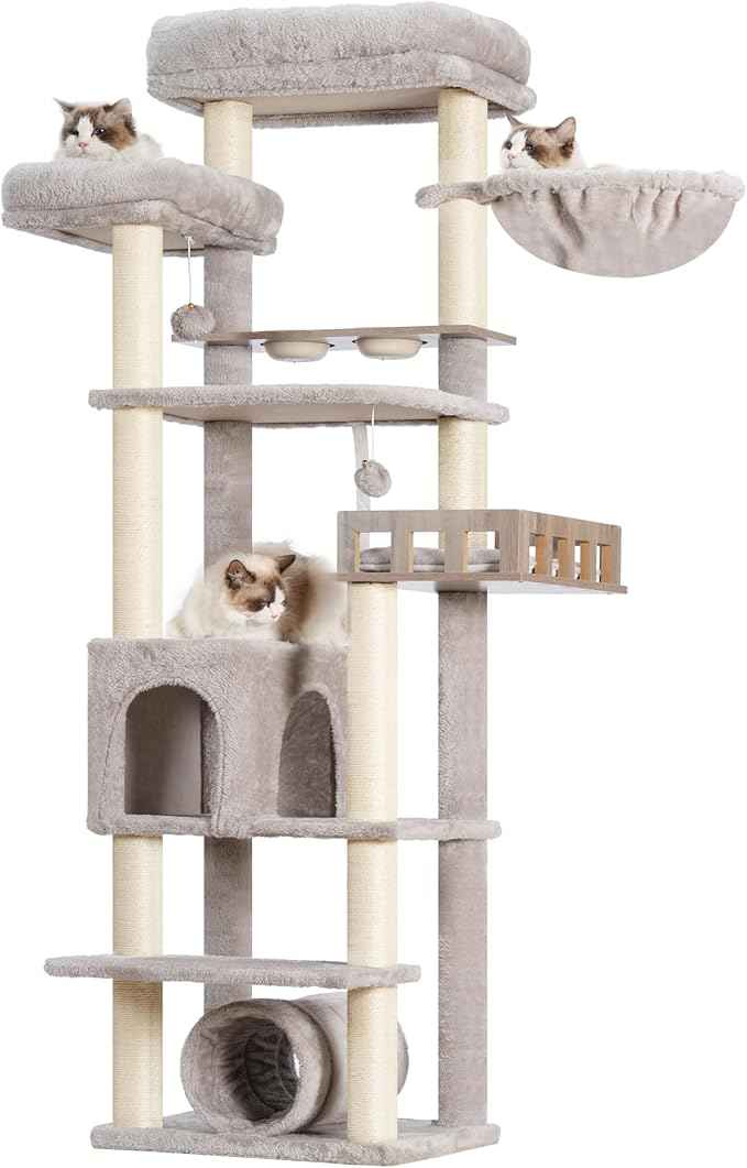 Cat Tree with Tunnel, Cat Tower for Indoor Cats, Tall Cat Tree Tower with Cat Condo, Food Station, Large Platform, Scratching Posts, Hammock, Light Gray GCT021W