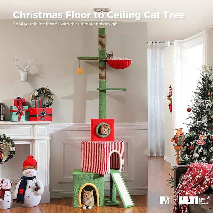 PEQULTI 83-108'' Floor to Ceiling Cat Tree for Large Adult Cats, Christmas Cat Tower with Adjustable Height with 3 Large Condos, Plush Hammock, Thick Scratching Posts, Red/Green