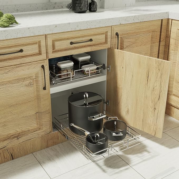 ROOMTEC Pull Out Cabinet Organizer, Cabinet Pull Out Shelves 15½" W x 21½" D, Heavy Duty Cabinet Drawers Slide Out Kitchen Cabinet Organizers Storage Shelf