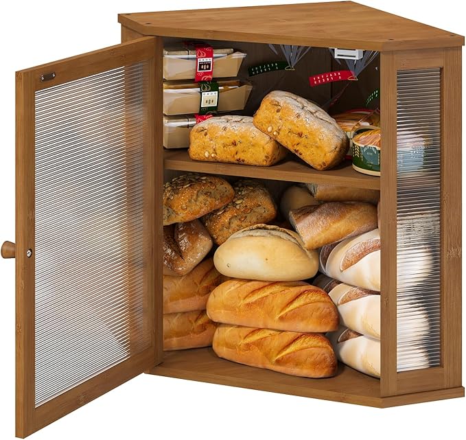 Corner Bread Box for Kitchen Counter, Bamboo Wood Large Capacity Bread Storage Bin with Acrylic Wavy Door Panel (Brown, Extra Large)