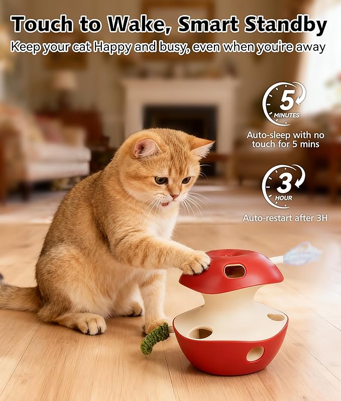 Joytale Interactive Cat Toy for Bored Indoor Cats, Automatic 10-Hole Whack A Mole Apple Toy, 2-in-1 Electric Motion Sensor Toy with Teaser Wand, USB Rechargeable, Boredom Relief, Red