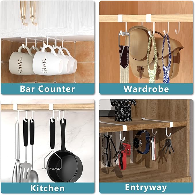 ECROCY Mug Hooks for Cabinet, Clip-On Shelf and Only Fits Flat Cabinet Without Any Lip, 3pcs Mug Holder No Drilling Free Damage