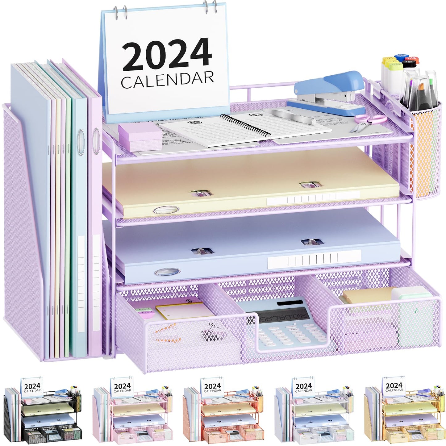 Desk Organizer and Accessories, 4-Tier Desktop File Organizer with Drawer and 2 Pen Holders, Office Desk Accessories for Office Supplies(Green)