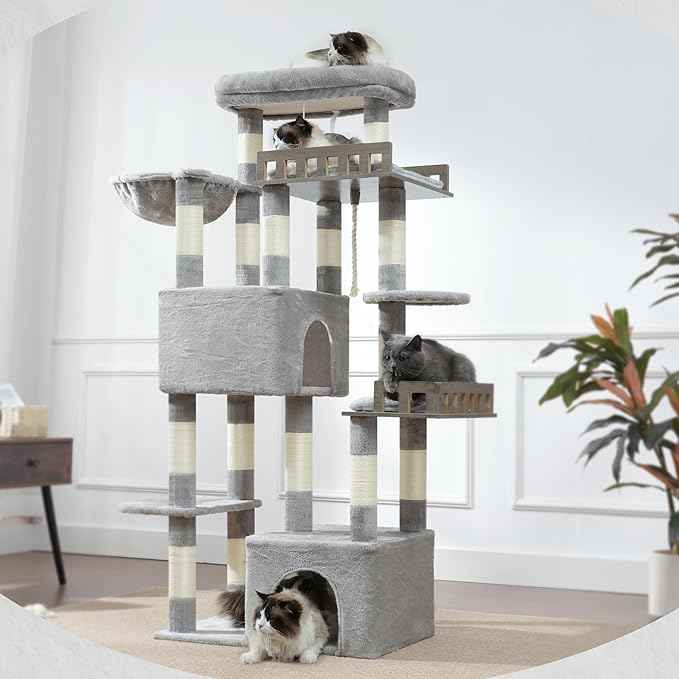 Maine Coon Cat Tree, Heavy Duty Cat Tree for Indoor Cats Large Adult, Cat Tower for Large Cats 20 lbs+ with Hammock, 2 Big Perches, 2 Cat Condos, 15 Scratching Posts, Light Gray GCT033W
