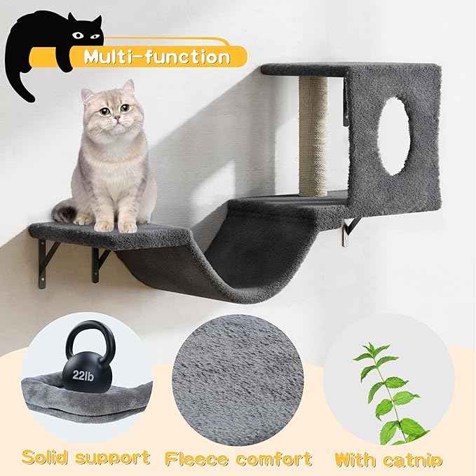 NUNU LAB Wall Mounted Cat Climber Set, 6 Pcs Cat Furniture Set with House, Bridge, Steps, Scratcher Board and Hammock, Shelves for Indoor, Luxury Walls Furniture(Dark)