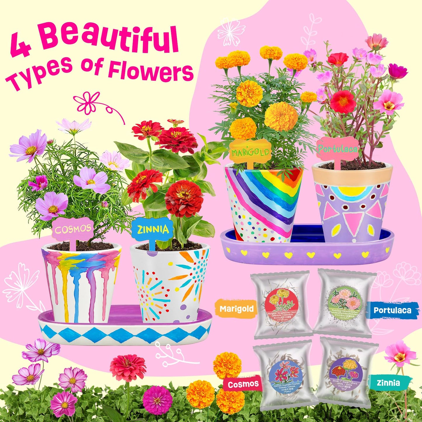4 Set Paint & Plant Flower Gardening Kit - Gifts for Girls Ages 8-12, Arts and Crafts for Kids Ages 8-12, Kids Gardening Set, Birthday Toys Gifts for Girls Boys Ages 4 5 6 7 8 9 10 11 12