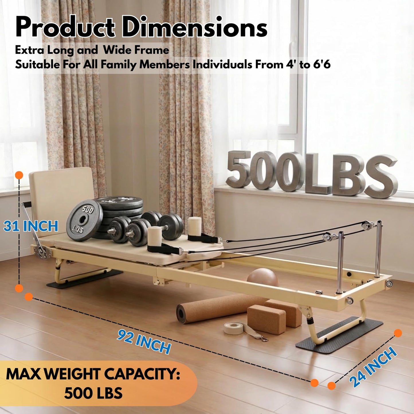 BIOCOR 92" 2ND Gen Extended Pilates Reformer, Foldable Pilates Machine with Pilates Ring Circle & Headrest, Jumpboard, Dual Resistance Springs, Pilates Equipment for Home Workout, up to 500 lbs