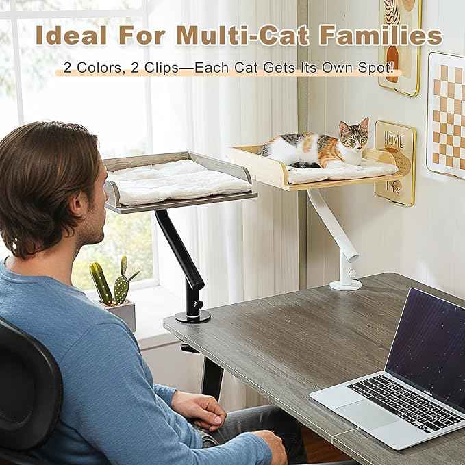 PAWZ Road Cat Desk Bed, Wooden Cat Bed for Desk Supports Up to 50 lbs, 360° Rotation & Adjustable, Nest Desktop Attachment Cats Hammock for Table, Gray