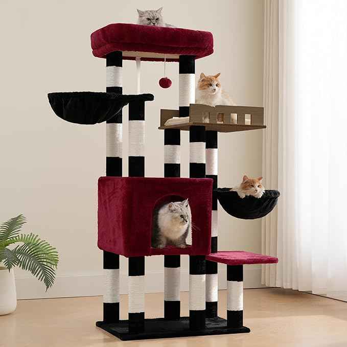Cat Tree for Indoor Cats Large Adult, Heavy Duty Cat Tree for Large Cats 20 lbs+, Cat Condo with Big Wooden Perch, Cat Tower with 14 Scratching Posts, Hammock, Black GCT023BR