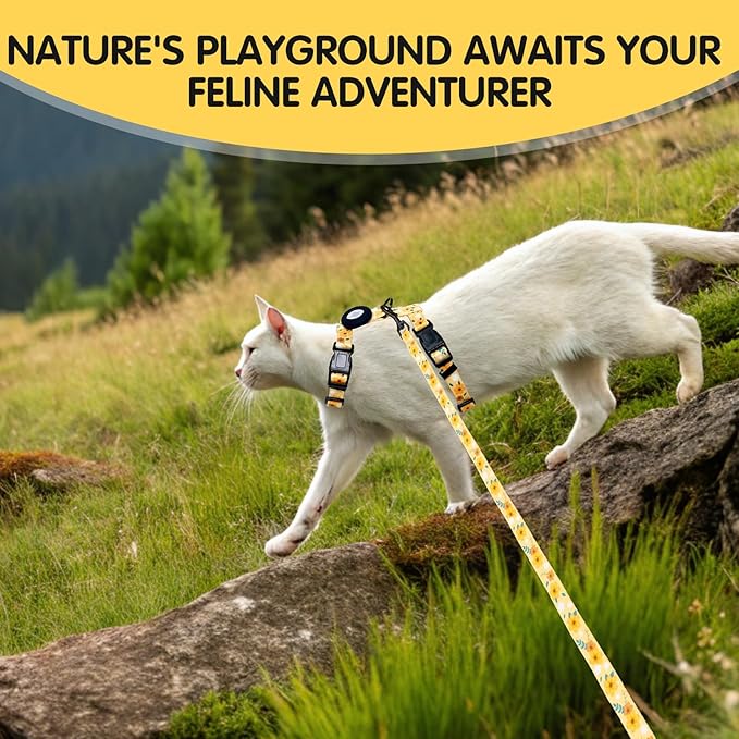 BINGPET Cat Harness with Airtag Holder, Cat Harness and Leash Set Escape Proof for Walking Travel Outdoor, Soft Adjustable Kitten Harnesses for Small Medium Large Cats, Yellow Flower(Chest:12.5"-18")