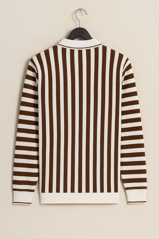 Premium Import Quality Striped Knitted Polo Sweater – Brown & Off-White | Winter Casual Wear
