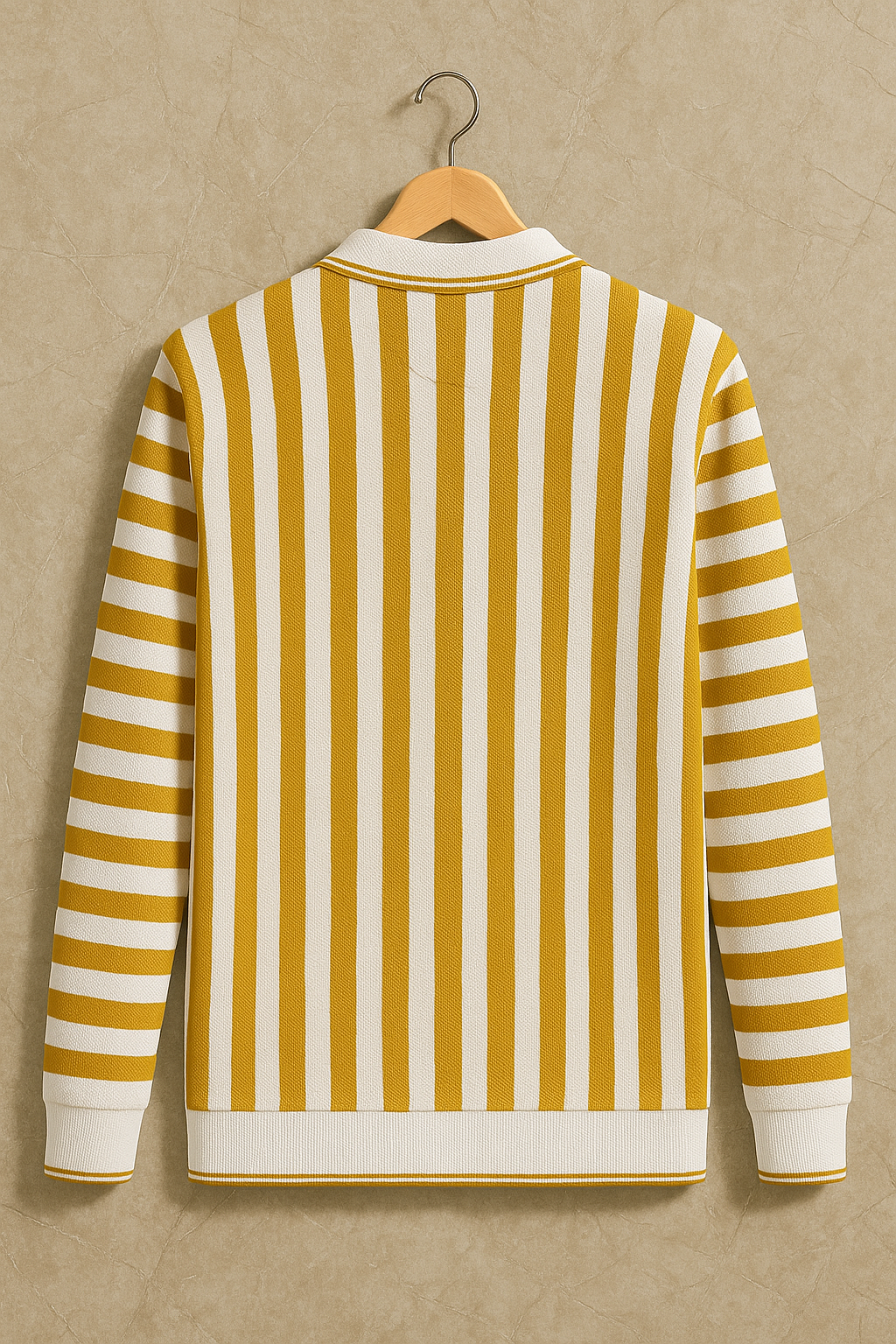 Premium Import Quality Striped Knitted Polo Sweater – Mustard & Off-White | Winter Casual Fashion Wear