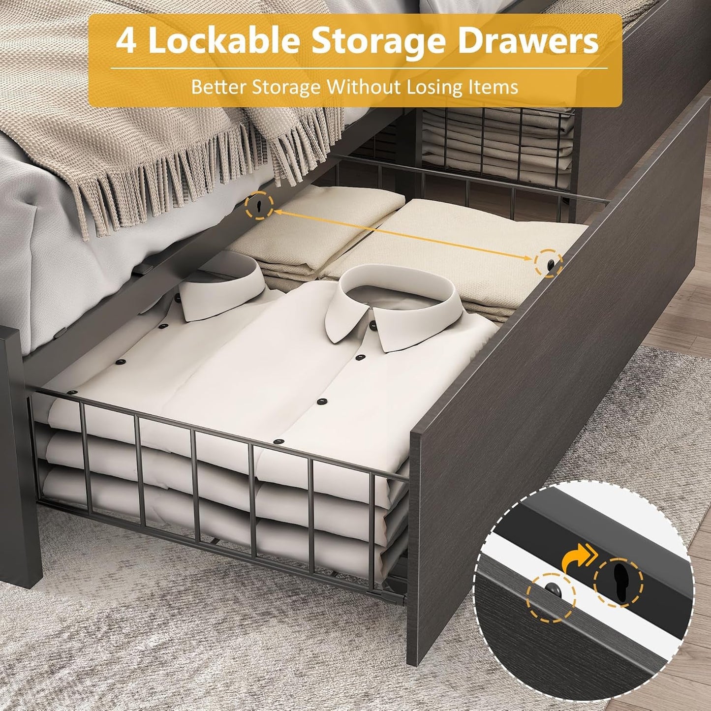Queen Bed Frame with 2-Tier Storage Headboard, Metal Platform Bed Frame with 4 Storage Drawers, Built in Charging Station & LED, Noise-Free/Metal Support/No Box Spring Needed, Rustic Grey