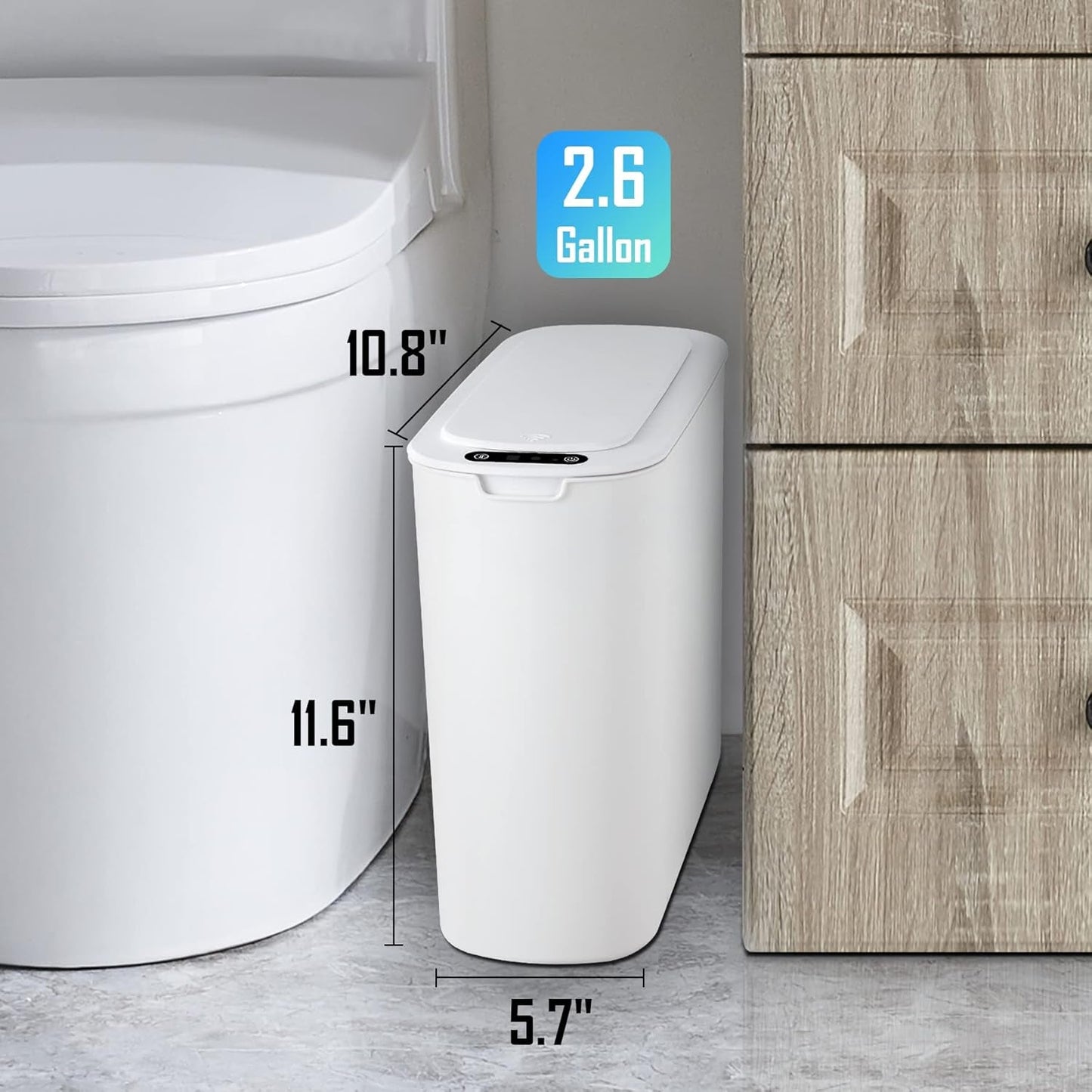 Automatic Motion Sensor Bathroom Trash Can with Lid, 2.6 Gallon Touchless Trash Bin, Smart Plastic Slim Garbage Can Small White Wastebasket for Toilet, Office, Rv, Bedroom, Living Room