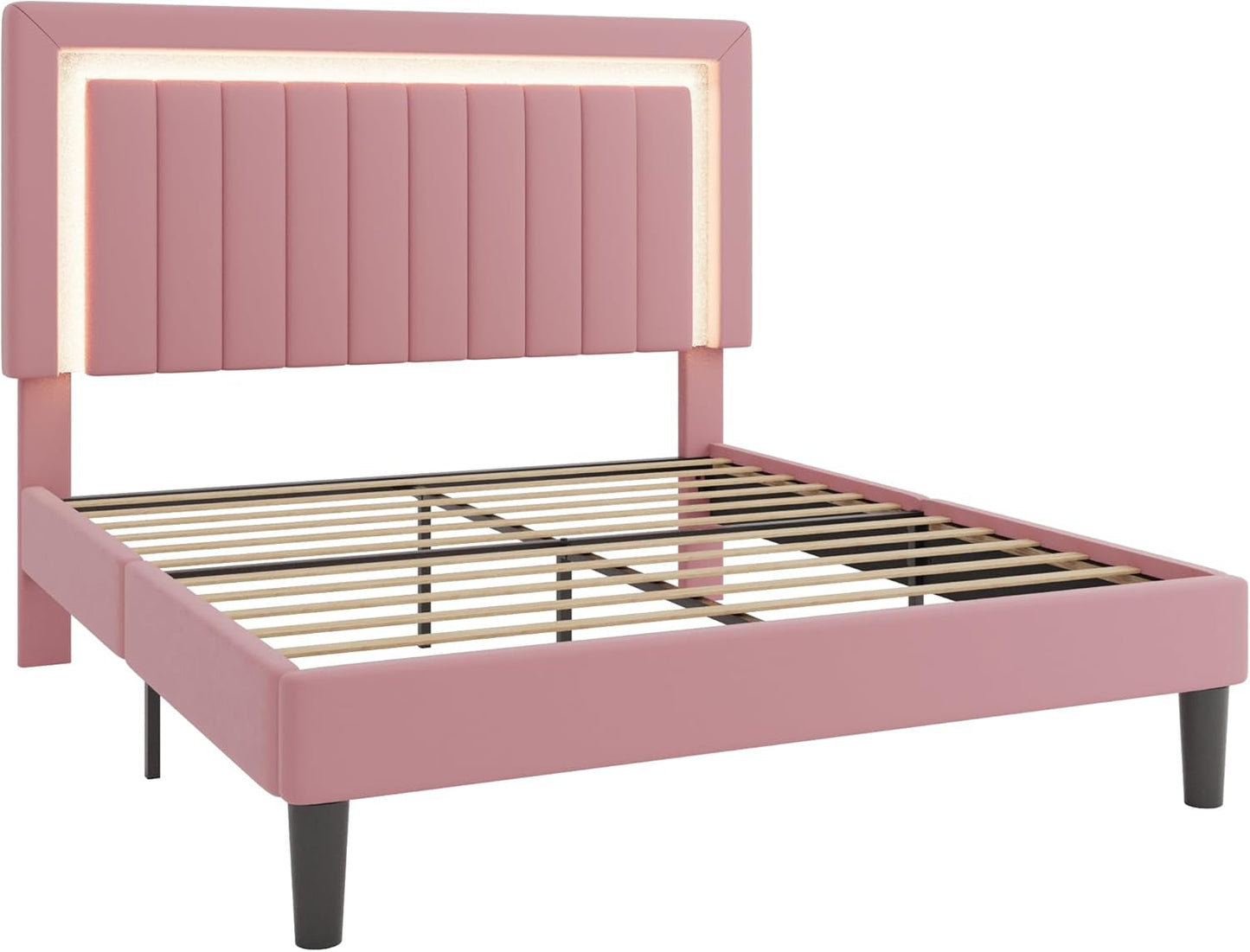Queen Size Velvet Bed Frame with LED Light, Adjustable Vertical Channel Tufted Headboard, Strong Wooden Slats Support, Noise-Free, No Box Spring Needed, Pink