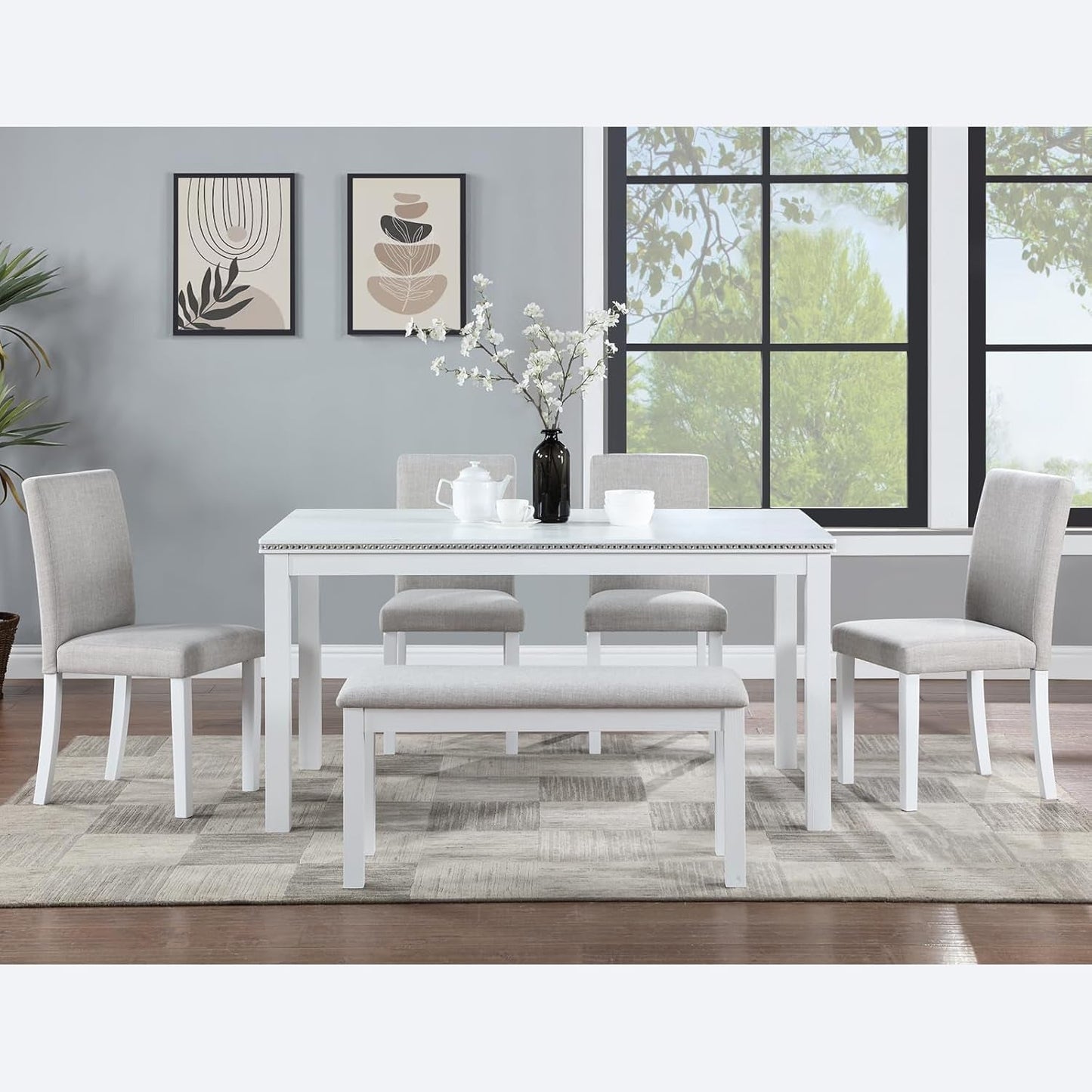 6 Piece Solid Wood Dining Set, Farmhouse Kitchen Table Set with 4 Upholstered Chairs & Bench for Kitchen, Dining Room, White